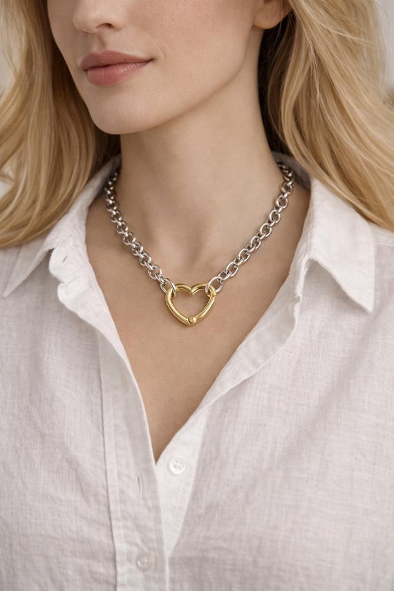 Silver Thick Cable Chain Necklace: Gold Heart Spring Clasp Mixed