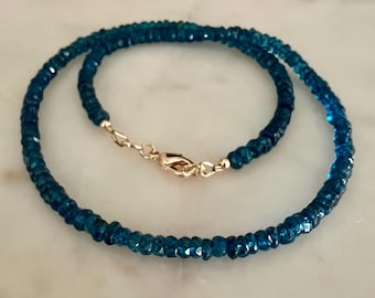 London Blue Topaz Necklace: 18k Gold Filled Clasp/Beads Gemstone Necklace, Adjustable Length Beaded London Blue Topaz Necklace