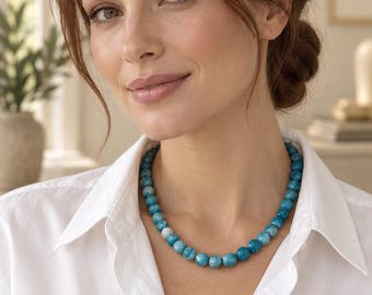 Larimar Quartz Beaded Necklace: 18k Gold Filled Clasp, 8mm Gemstone