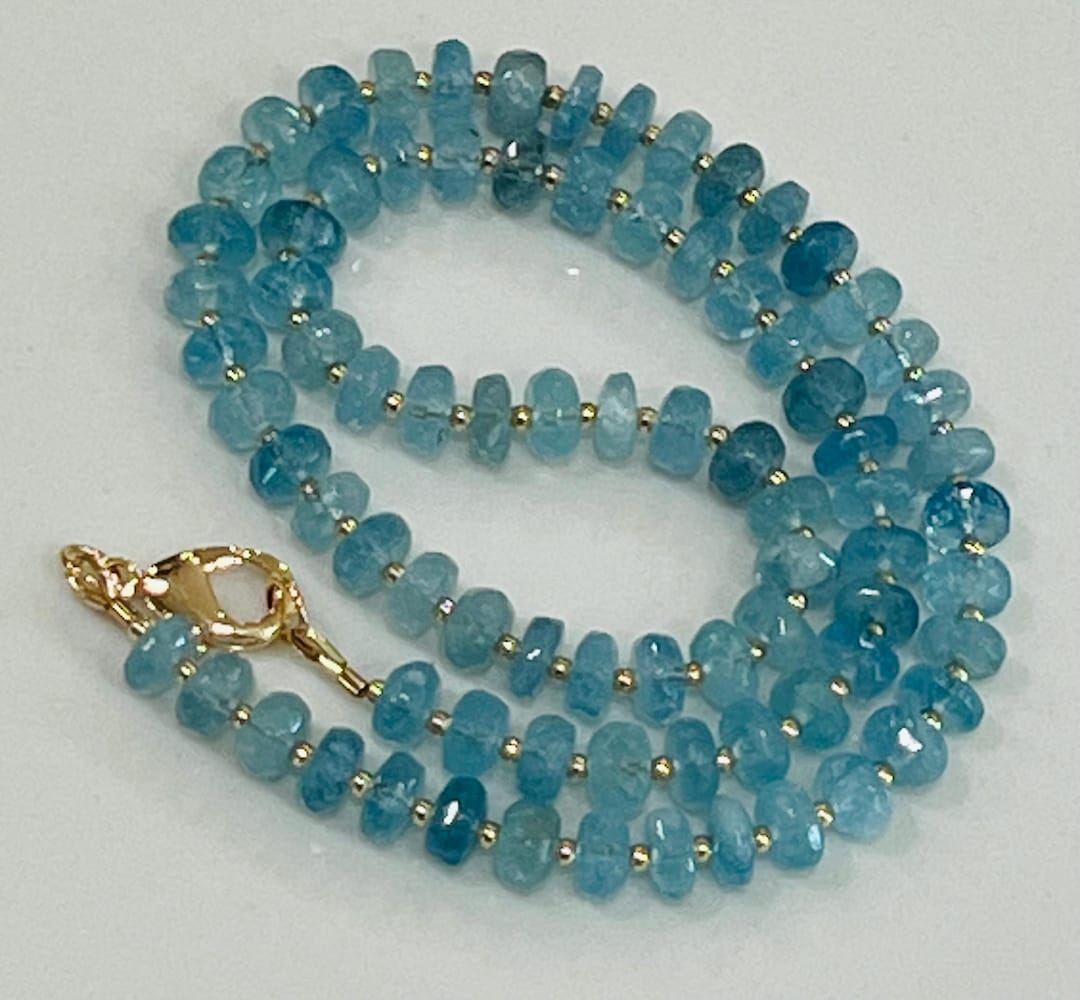 Aquamarine Beaded Necklace: 18k Gold Filled Clasp, Faceted Rondelle