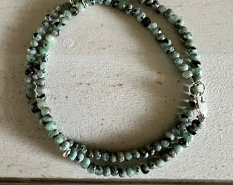 Jade Rondelle 3x4 Faceted Rondelle Necklace 17 in Long Sterling Silver Clasp and Accent Beads