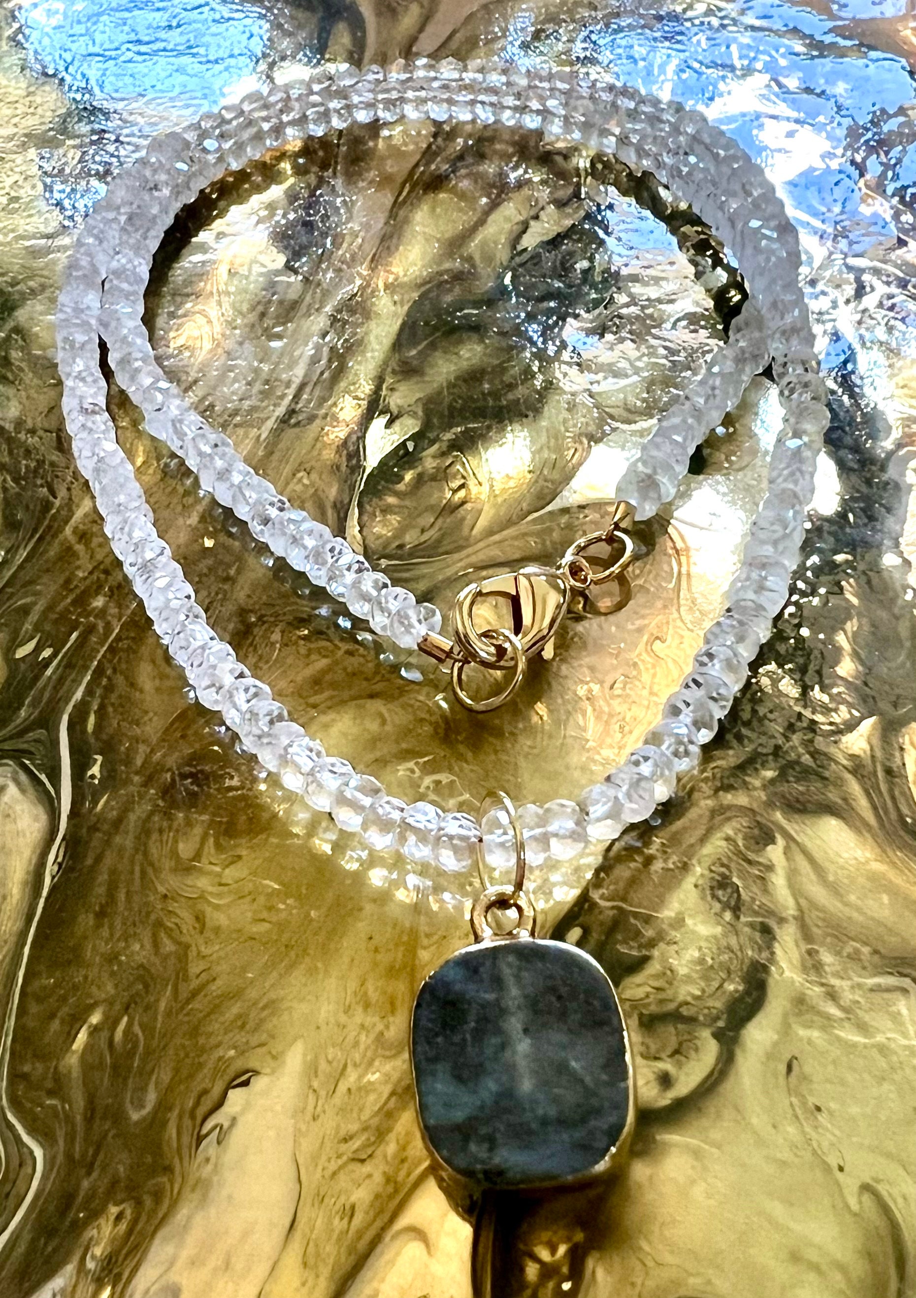 Crystal Quartz Beaded Labradorite Pendant 18k Gold Filled Clasp 3.5mm Rondelle - Picture 7 of 10