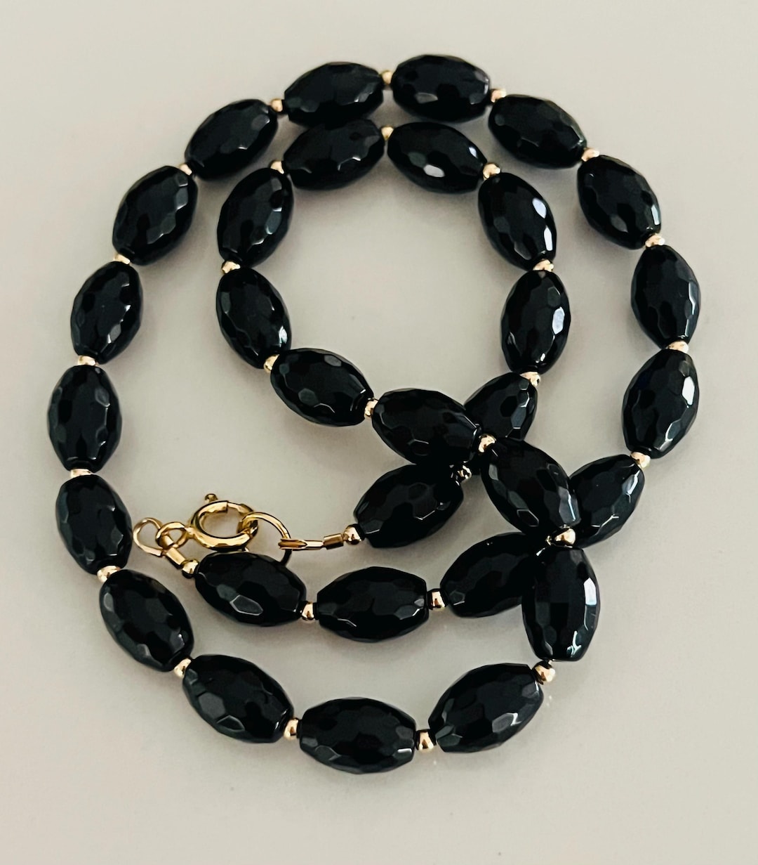 Onyx Beaded Necklace: 18k Gold Filled Clasp, Faceted Gemstone