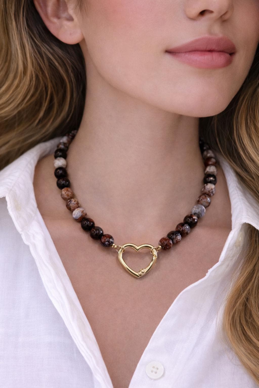 Mexican Crazy Lace Necklace: Gold Heart Spring Clasp Natural