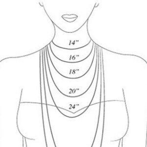 May include: A line drawing of a person's neck with different necklace lengths marked in inches, starting at 14 inches and increasing in increments of 2 inches up to 30 inches.