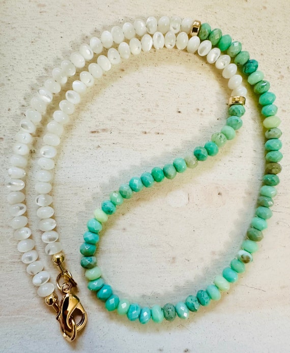 Chrysoprase Mother of Pearl Beaded Necklace: 18k Gold Filled Clasp