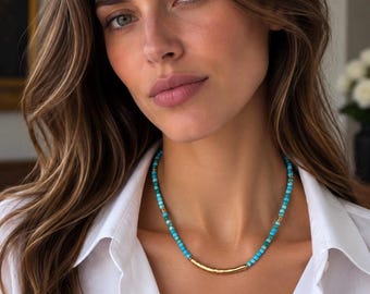 Turquoise Beaded Necklace: 18k Gold Filled Clasp, 3.5mm Table Cut Cubed Beaded Necklace, Gold Bar Statement Necklace