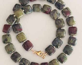 Dragon Blood Jasper Beaded Necklace: 12mm Smooth Square Cut Gemstone, Gold Filled Clasp/Beads