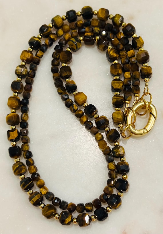 Tiger's Eye Beaded Necklace: Double Strand Gemstone, Gold Plated Clasp