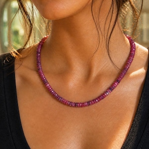 Ruby Necklace: 18k Gold Filled Clasp, 6mm Faceted Rondelle Ruby Gemstones, Adjustable Length Necklace, Sparkling Ruby Beaded Necklace