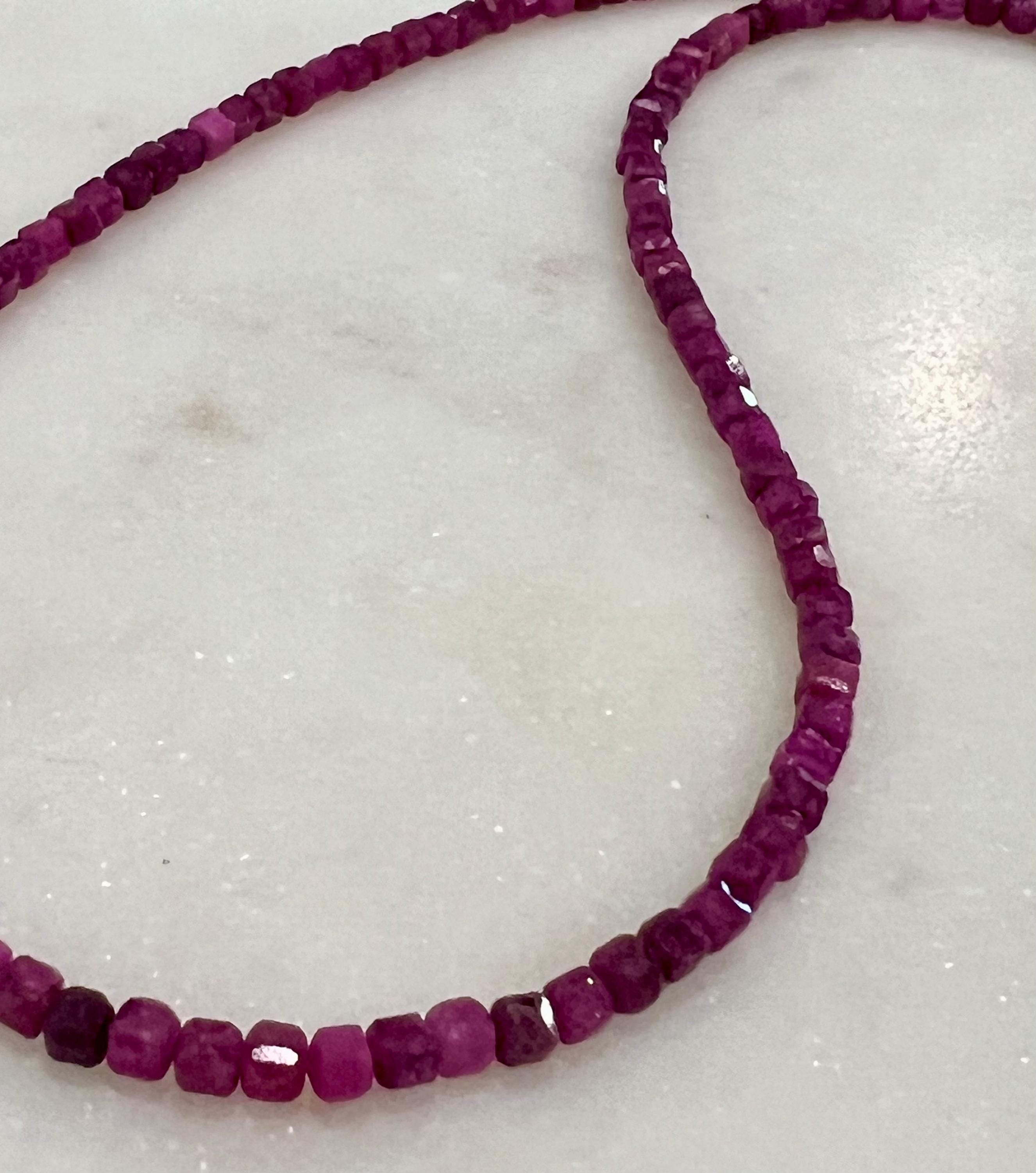Ruby Beaded Necklace: 18k Gold Filled Clasp, 3mm Cubed Gemstones ...