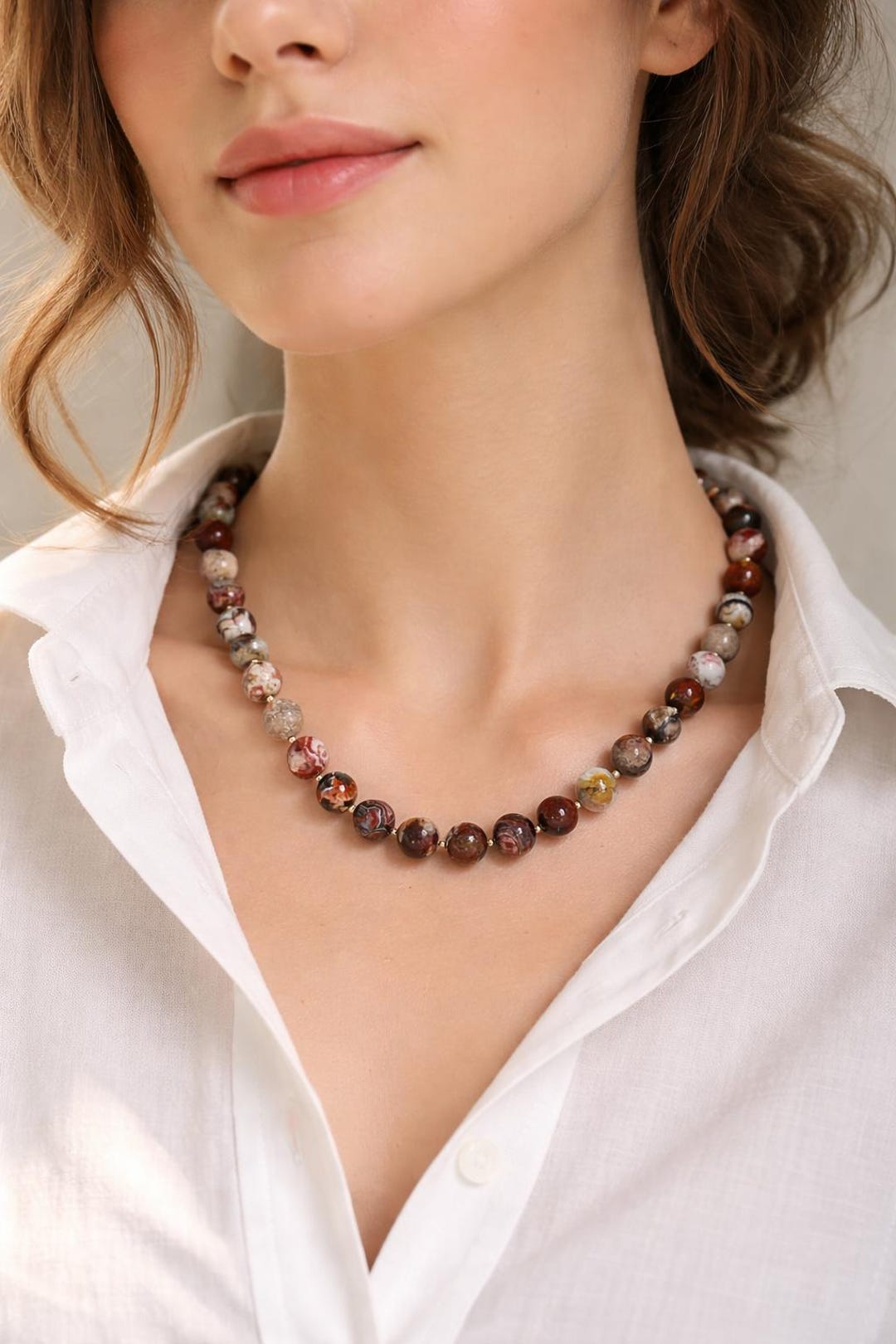 アクセサリー glance Mexican Crazy Lace Agate Beaded Necklace: 18k Gold Filled Clasp