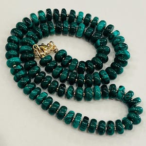 Malachite Necklace: 18k Gold Filled Clasp, Smooth Green Rondelle 8mm Malachite Beaded Statement Necklace
