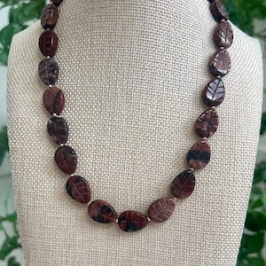 Brecciated Jasper Beaded Necklace with 18k Gold Filled Clasp and Accent Beads Natural Semi-Precious Gemstone Carved Beaded Necklace
