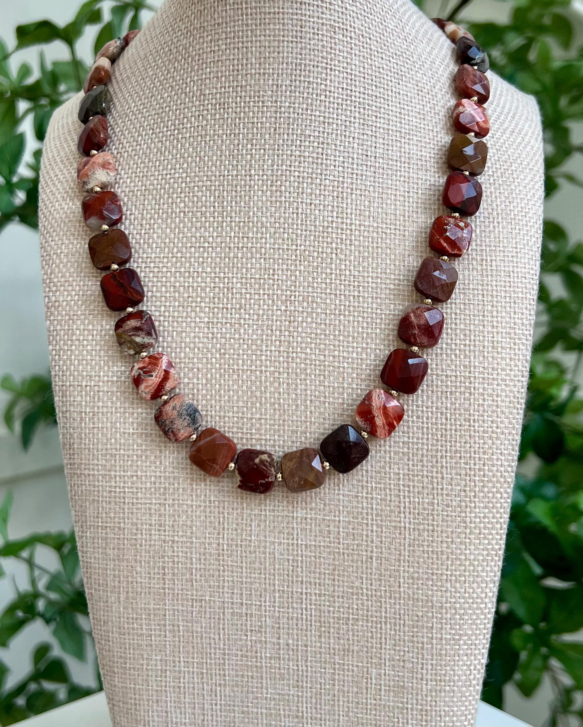 Red Jasper Beaded Necklace: 18k Gold Filled Clasp, Faceted