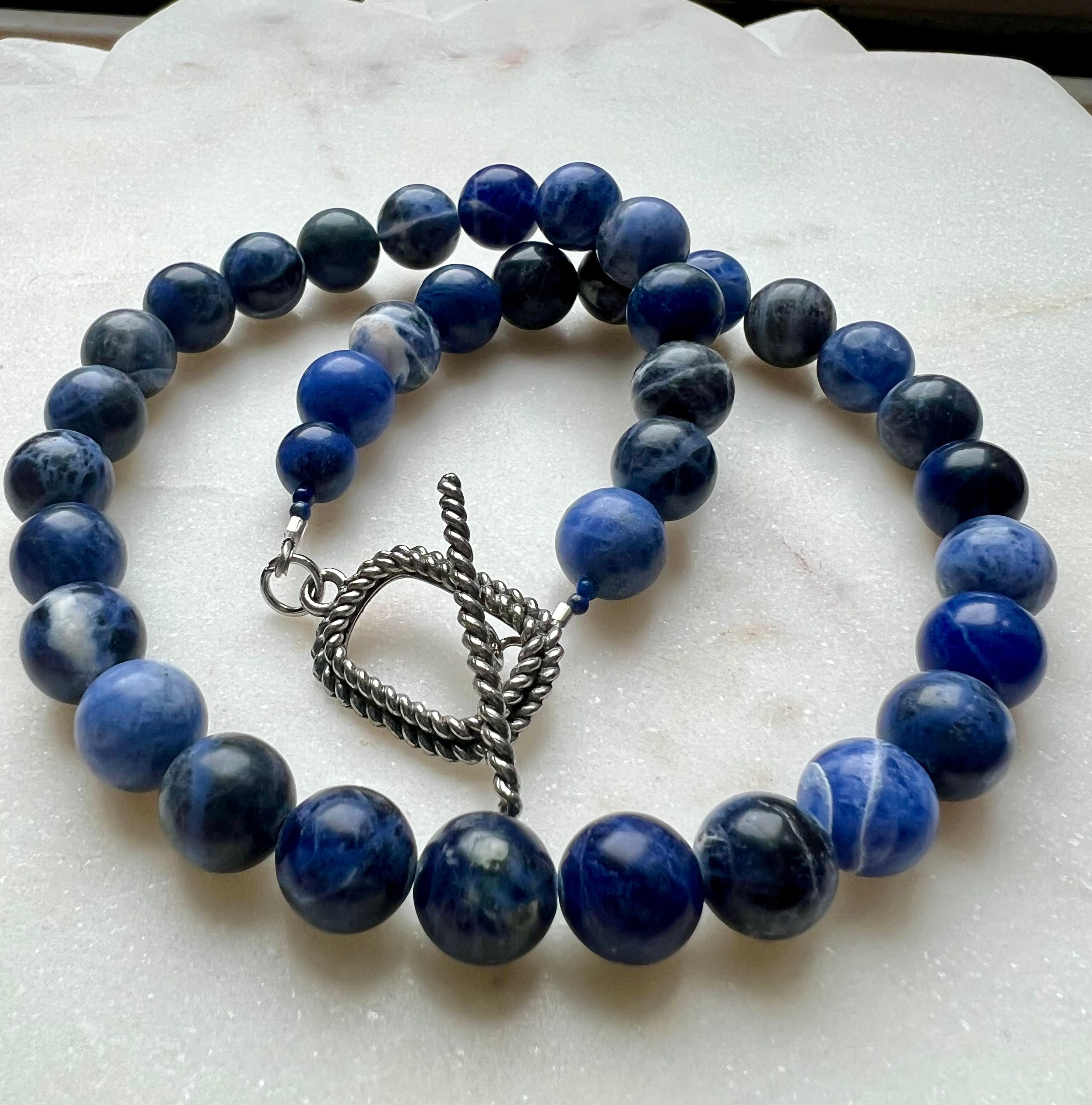 Sodalite Necklace, Sodalite Beaded 10mm Round Necklace, Silver Plated Plated Pe - Picture 11 of 13