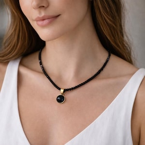 Spinel Necklace: 3mm Table Cut Cube Black Spinel Necklace Onyx Pendant Beaded Semi-Precious Gemstone Necklace Adjustable Length Necklace
