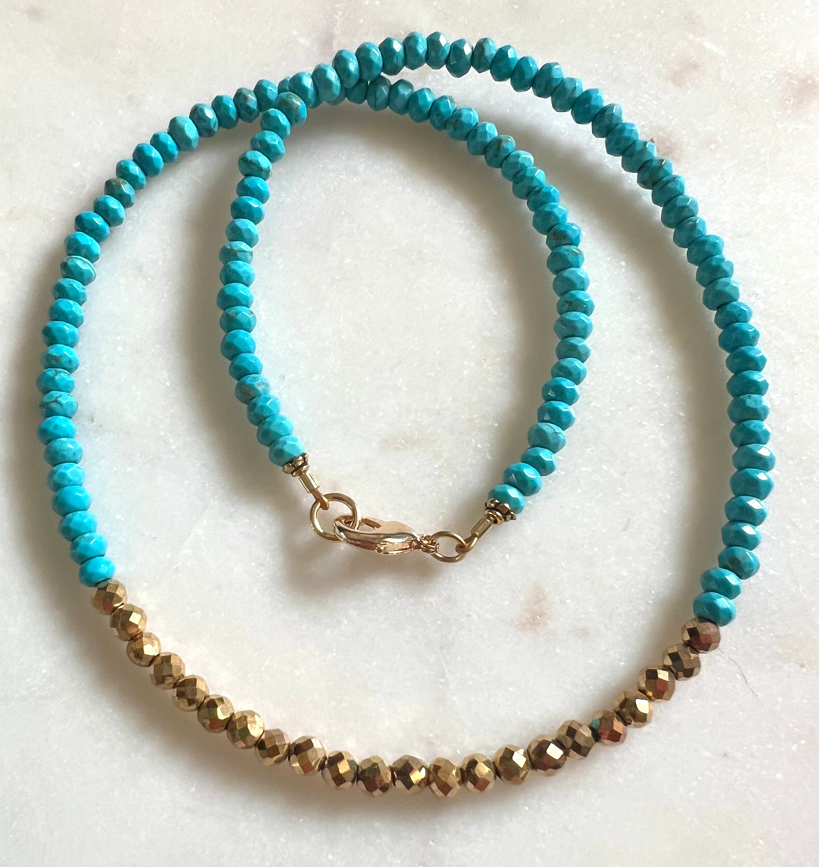 Turquoise Pyrite Beaded Necklace 18k Gold Filled Clasp 4mm Faceted Rondelle Bea - Picture 6 of 8