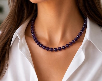 Amethyst Beaded Necklace: 18k Gold Filled Clasp, Faceted Gemstone Purple Amethyst Natural Gemstone Necklace