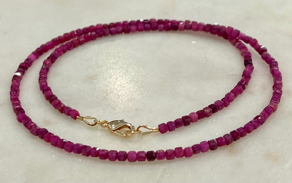 Ruby Beaded Necklace: 18k Gold Filled Clasp, 3mm Cubed Gemstones, Adjustable Length