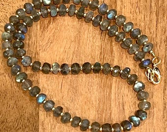 Sparkling Labradorite Beaded Necklace 18k Gold Filled Clasp/Beads Semi-Precious Natural Gemstone Necklace 5.5mm Rondelle Faceted Stones