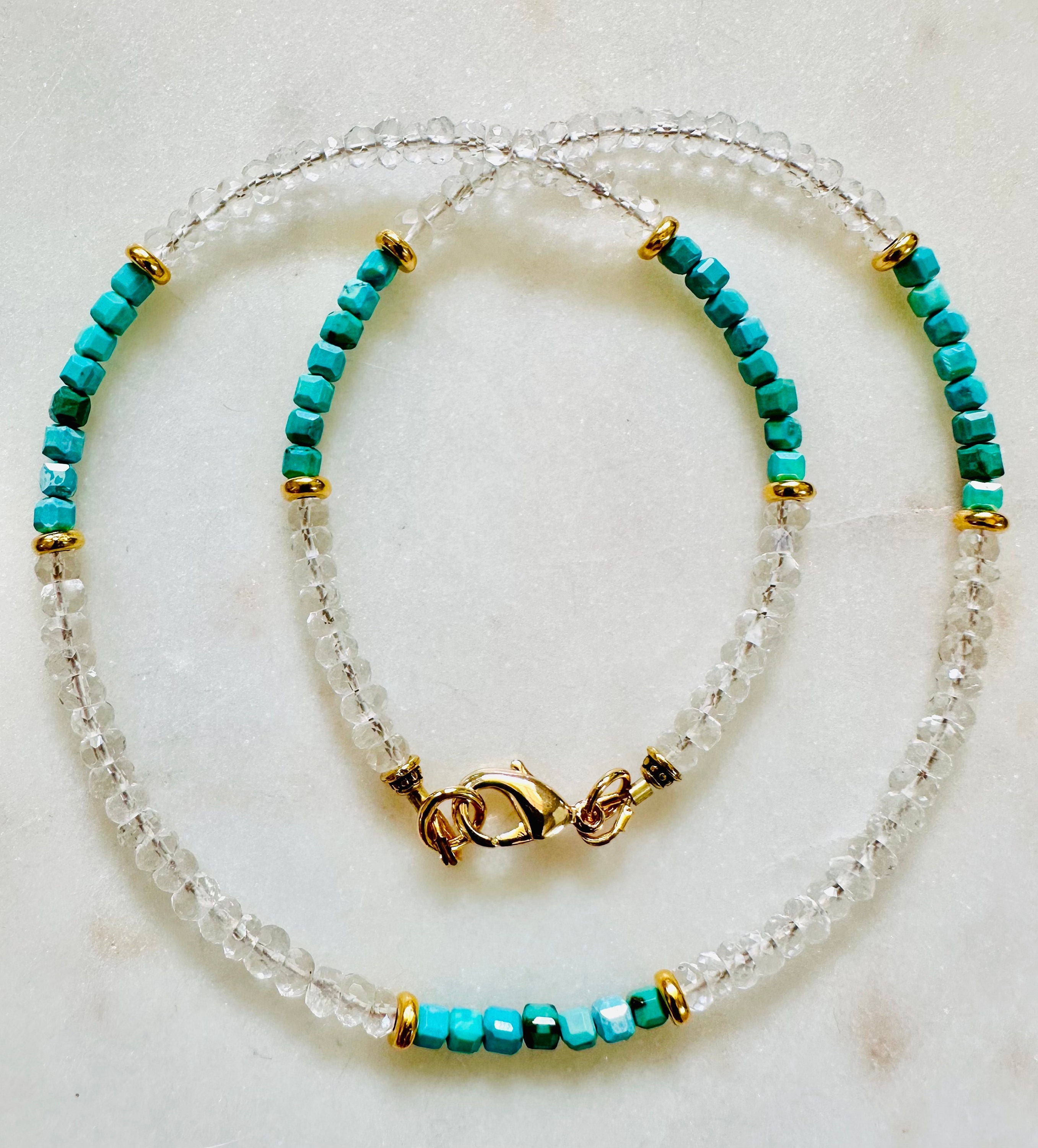Turquoise and Crystal Quartz Beaded Necklace 18k Gold Filled Clasp Semi-Preciou - Picture 7 of 10