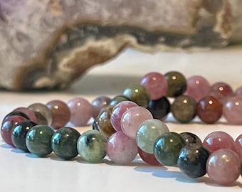 Watermelon Tourmaline Beaded Necklace: 18k Gold Filled Clasp, Natural Gemstone 7mm Smooth Round High Grade Tourmaline Stones