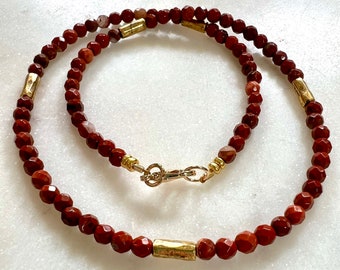 Red Jasper Beaded Necklace: Gold Plated Accents, Gemstone Jewelry