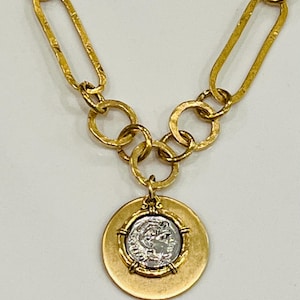 Gold Link Chain Necklace: Roman Coin Pendant, Non-Tarnish Layering Necklace