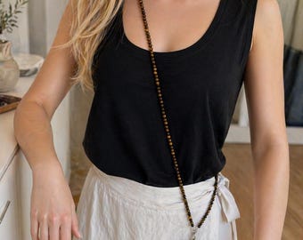 Collana a tracolla per cellulare con perline in occhio di tigre: collana con perline di pietre preziose naturali, versatile, supporto per cellulare con perline rotonde lisce in occhio di tigre da 6 mm