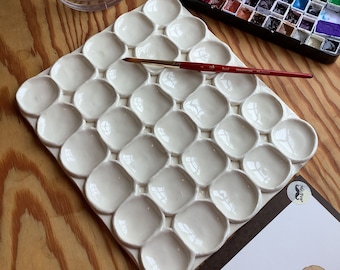 30 Well Ceramic Mixing Palette.  Large, deep  wells for mixing watercolor, gouache, ink, acrylic, and oil paints.