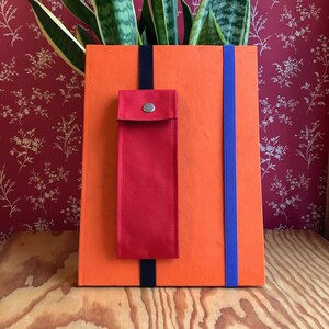 May include: A bright orange planter with a red fabric pocket and black and blue straps. The planter is filled with a green snake plant.