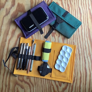 Travel and Plein Air Painting Kit for watercolor, oil, acrylic, gouache, tempera. Includes ceramic palette, cup, art roll. Customizable.