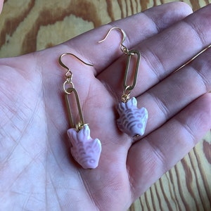 Ceramic Pink Fish Earrings.  14k Gold Plated French Hooks.