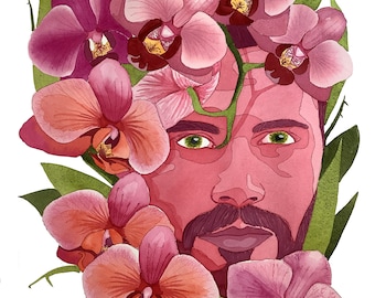 Orchid Man. Original Watercolor. 9x12 inches