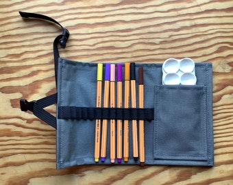 Mini Art Supply Roll With Pocket.  Pencil Case. Art Holder. Tough, 1000D Cordura, Waterproof Fabric. Ready Made Grey.