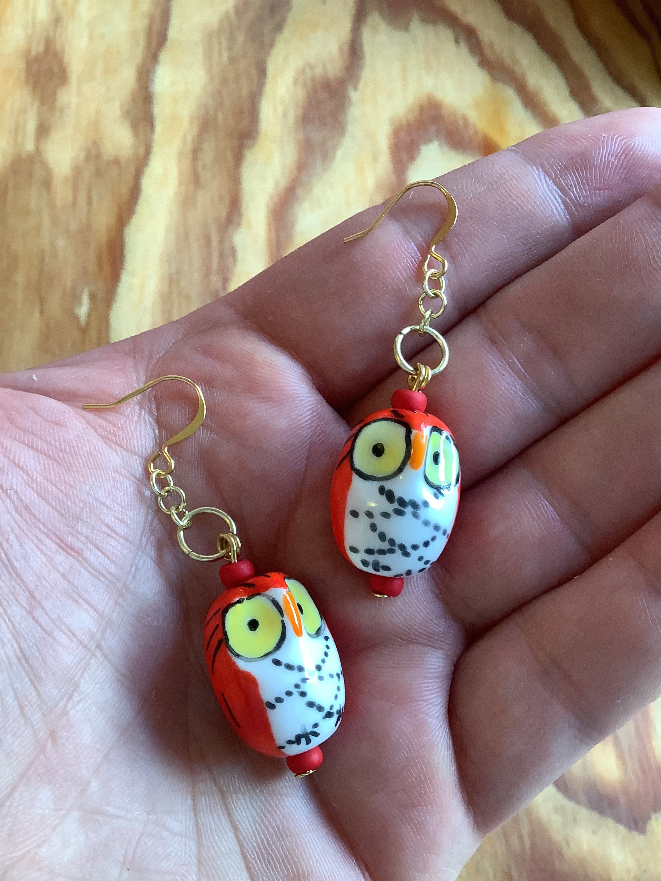 Ceramic Owl Earrings.  14k Gold Plated French Hooks.