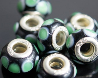 Silver Lampwork Glass Beads - Black Ivory & Lime Green, fits All European Style Add a Bead Jewelry Gpnd-035