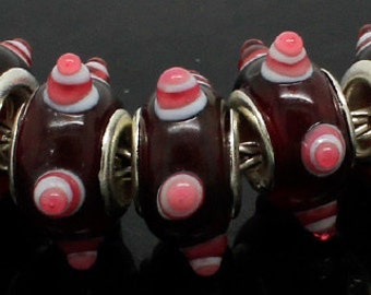 Silver Lampwork Glass Beads - Burgundy White and Pink, fits All European Style Add a Bead Jewelry Gpnd-044