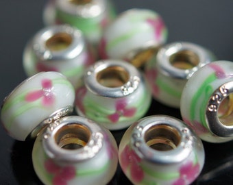 Silver Lampwork Glass Beads - Pink White & Green, fits All European Style Add a Bead Jewelry Gpnd-036