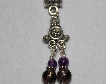 Silver Double Drop Amethyst & Smokey Quartz Lrg Hole Bead Fits All European  Add a Bead Charm Bracelet Jewelry Pnd-Cgm013b