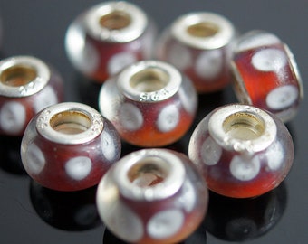 Silver Lampwork Glass Bead - Rusty Red Burnt Orange & White, fits All European Style Add a Bead Jewelry Aab-GPnd001