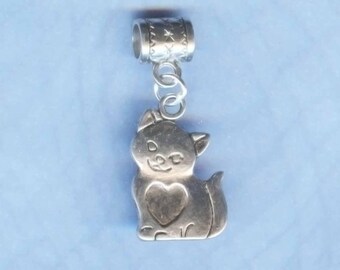 Silver Heart Kitten Lrg Hole /  Big Hole Bead Fits all European Add a Bead Charm Bracelet Jewelry Pnd-A26eb