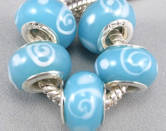 Silver Lampwork Glass Beads - Seafoam Blue-Green w/Swirls, fits All European Style Add a Bead Jewelry Gpnd-050