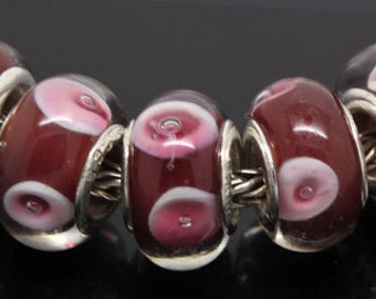 Silver Lampwork Glass Beads - Maroon and Pink, fits All European Style Add a Bead Jewelry Last One Gpnd-011