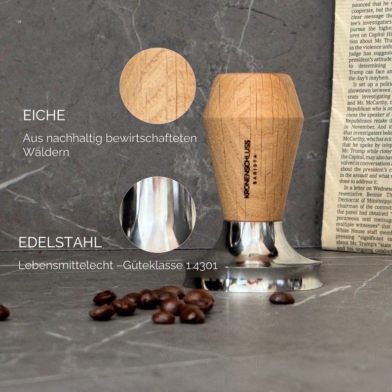 KRONENSCHLUSS Barista 58,4 mm regionaler Barista Tamper konkave Aussparung für perfekten Puck Eichenholz und Edelstahl 58,4 mm Bild 4