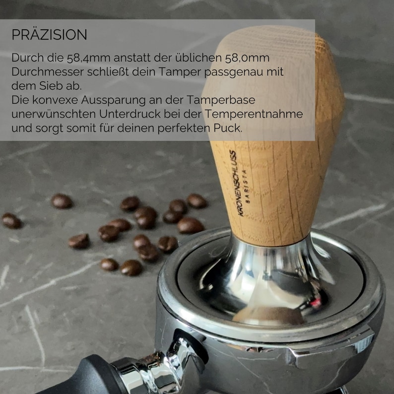 KRONENSCHLUSS Barista 58,4 mm regionaler Barista Tamper konkave Aussparung für perfekten Puck Eichenholz und Edelstahl 58,4 mm Bild 7