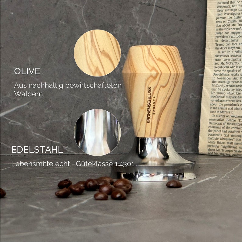 KRONENSCHLUSS Barista 58,4 mm regionaler Barista Tamper konkave Aussparung für perfekten Puck Eichenholz und Edelstahl 58,4 mm Bild 5