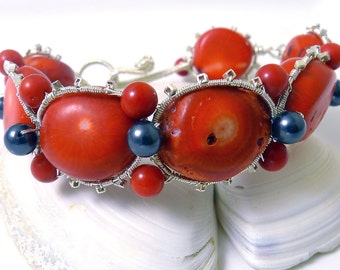 Coral and Sterling Silver Wire Wrapped Bangle