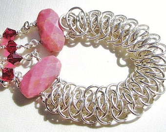 Sterling Silver and Rhodonite Viper Scale Chainmaille Bracelet
